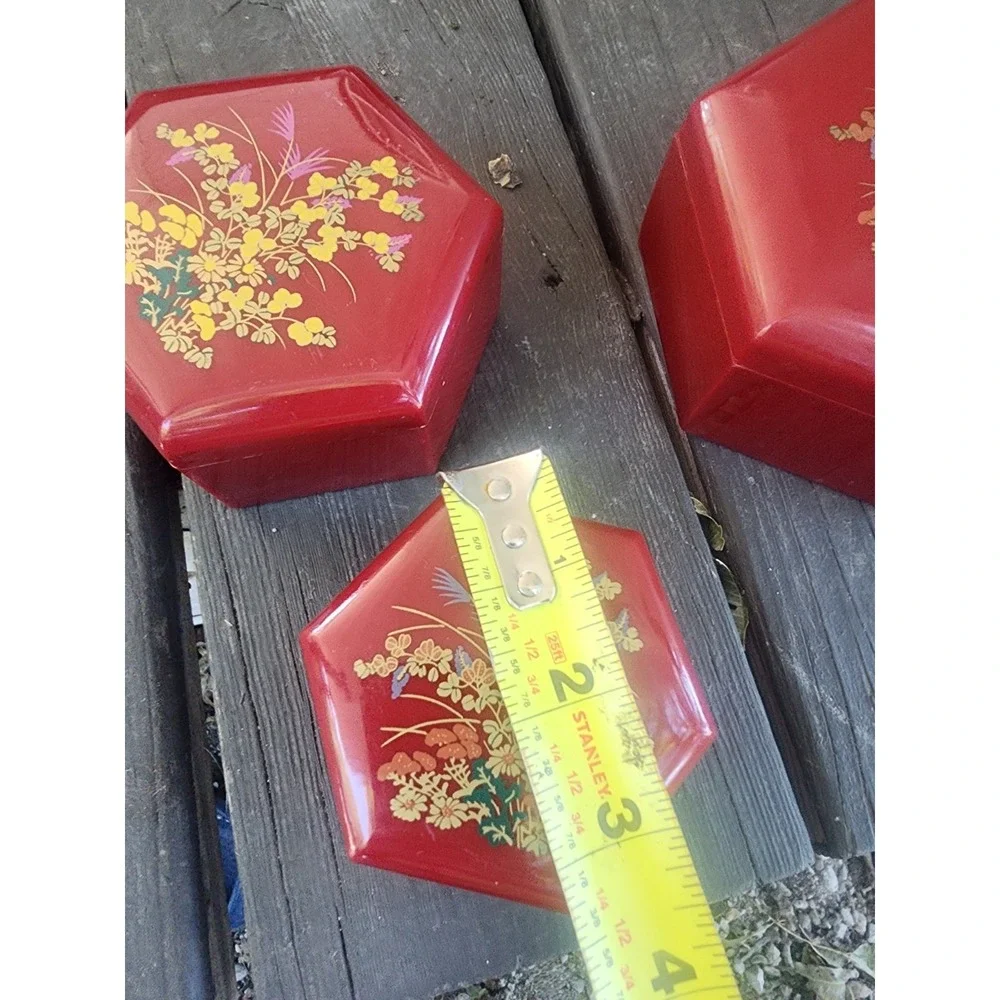 Vintage Floral Red Lucite Hexagonal Lidded Nesting Trinket Boxes Set Of 3